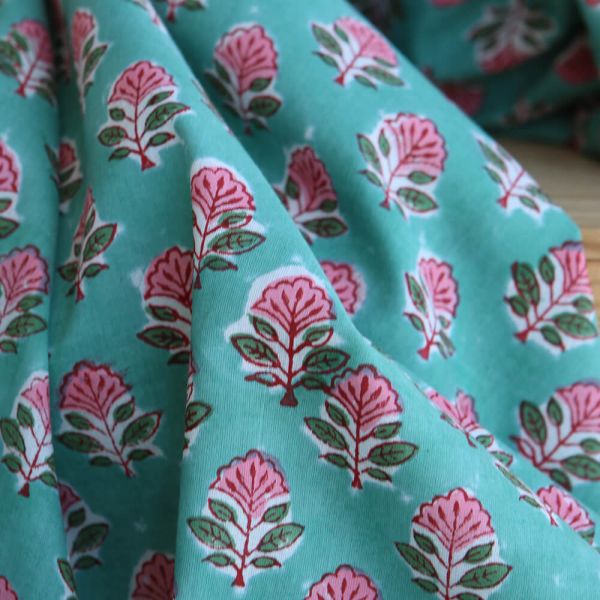 SonaB - Tissu indien en coton imprimé main Hand Block vert menthe 2