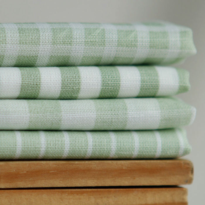 Paul - Tissu lin coton rayures 1mm blanc lait et vert amande