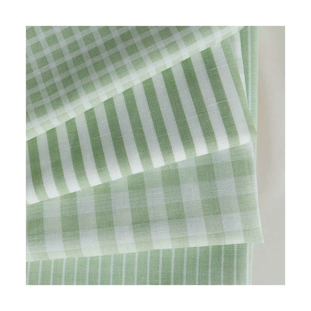 Paul - Tissu lin coton rayures 1mm blanc lait et vert amande