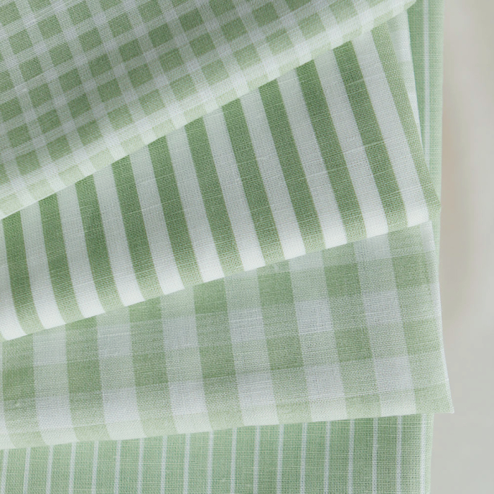 Paul - Tissu lin coton rayures 1mm blanc lait et vert amande