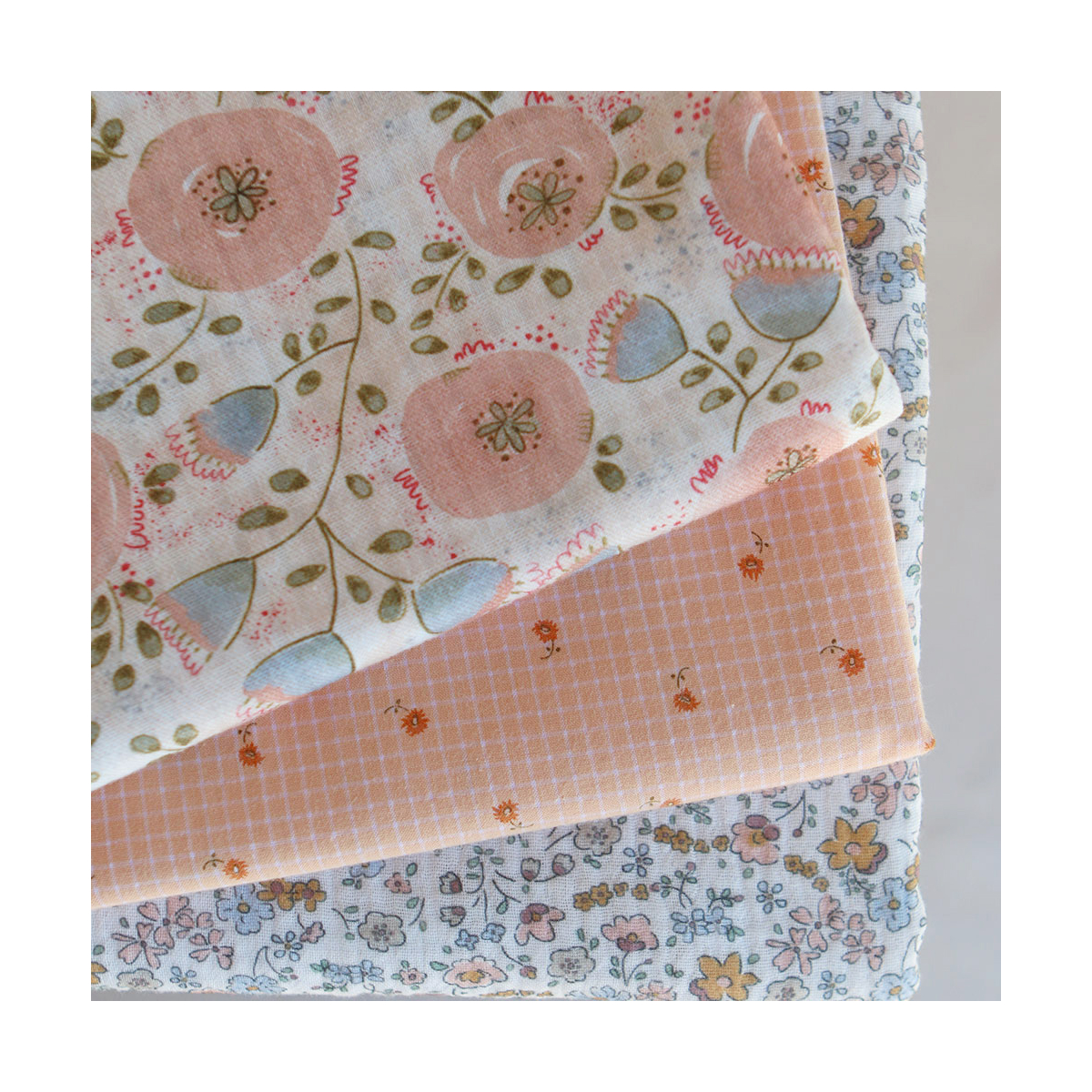 Seersucker quadrillage fin minis fleurs fond sorbet abricot