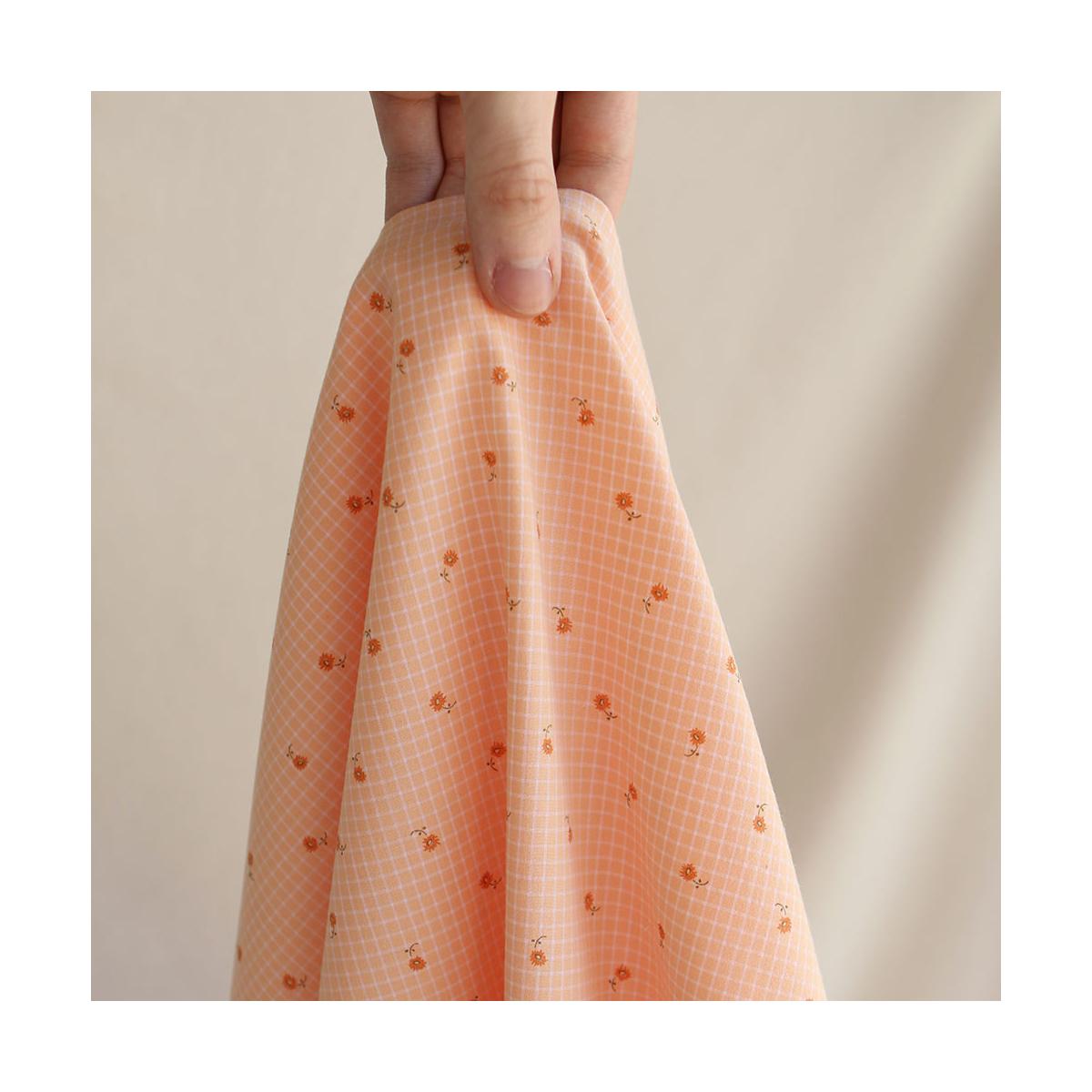 Tissu coton carreaux Seersucker gaufré quadrillage sorbet abricot fleurs