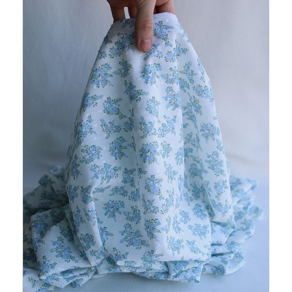 Plumetis de coton BIO petit motif fleuri bleu turquoise