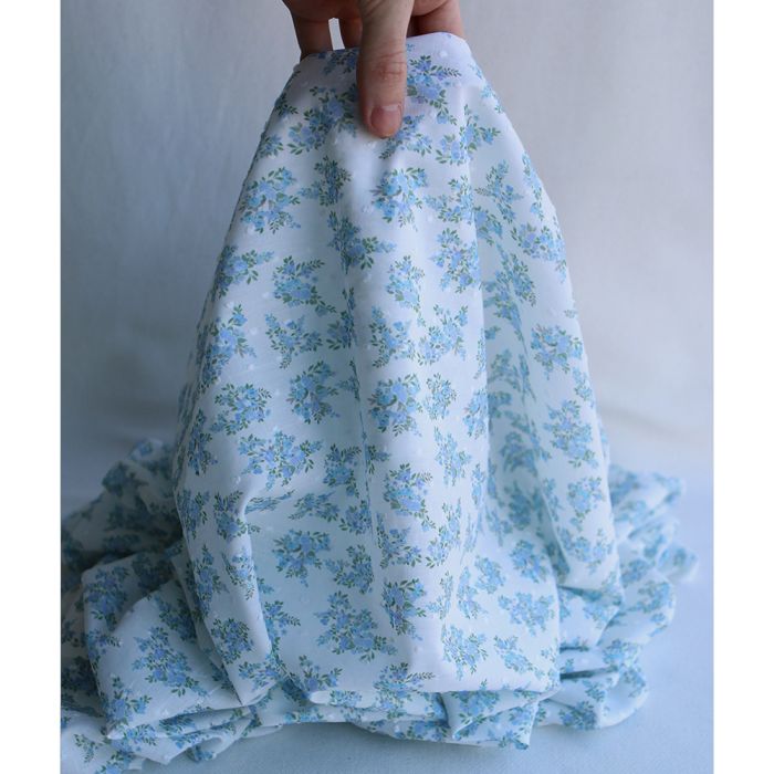 Plumetis de coton BIO petit motif fleuri bleu turquoise