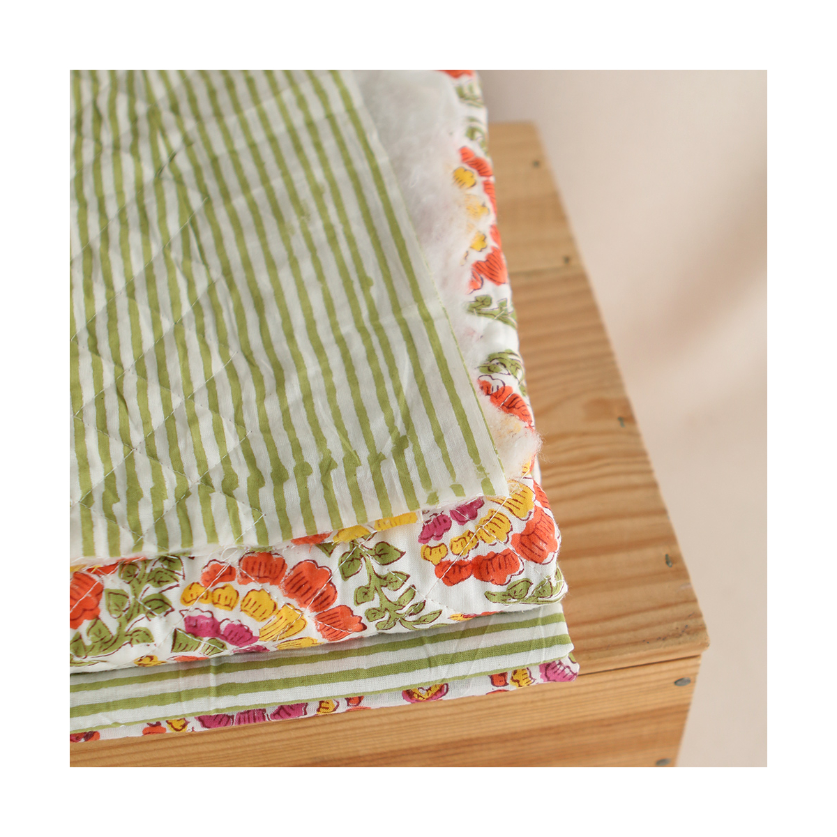 Rayures vert - Tissu indien coton hand block traditionnel