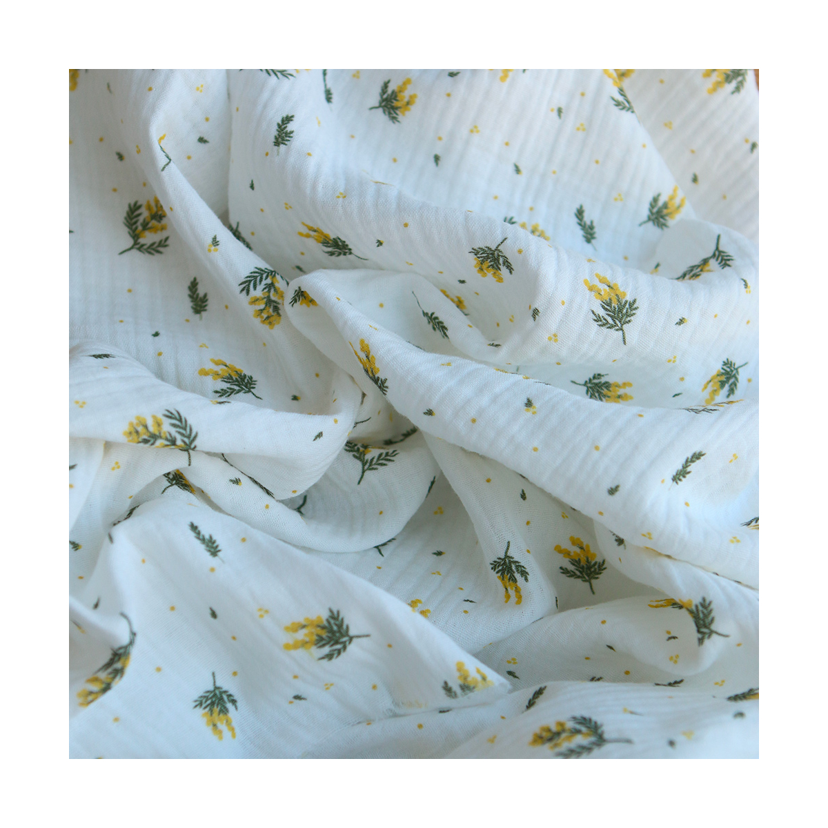 Mimosa - Double gaze coton BIO Exclusif blanc motif mimosa allégé