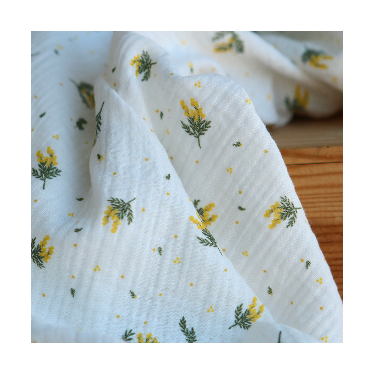 Mimosa - Double gaze coton BIO Exclusif blanc motif mimosa allégé