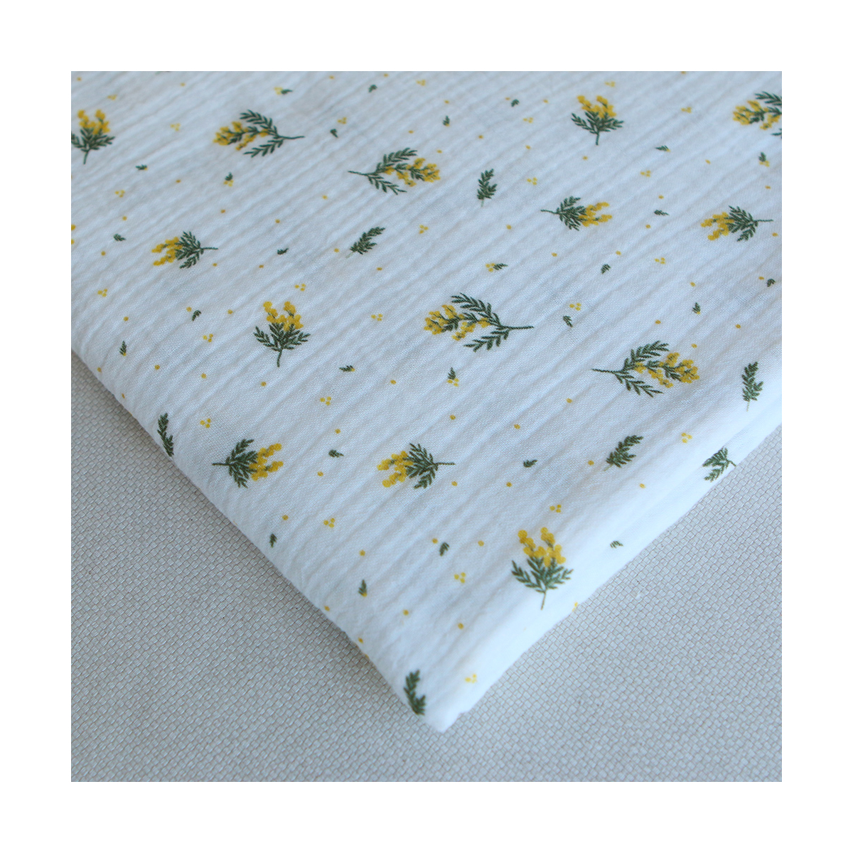 Mimosa - Double gaze coton BIO Exclusif blanc motif mimosa allégé