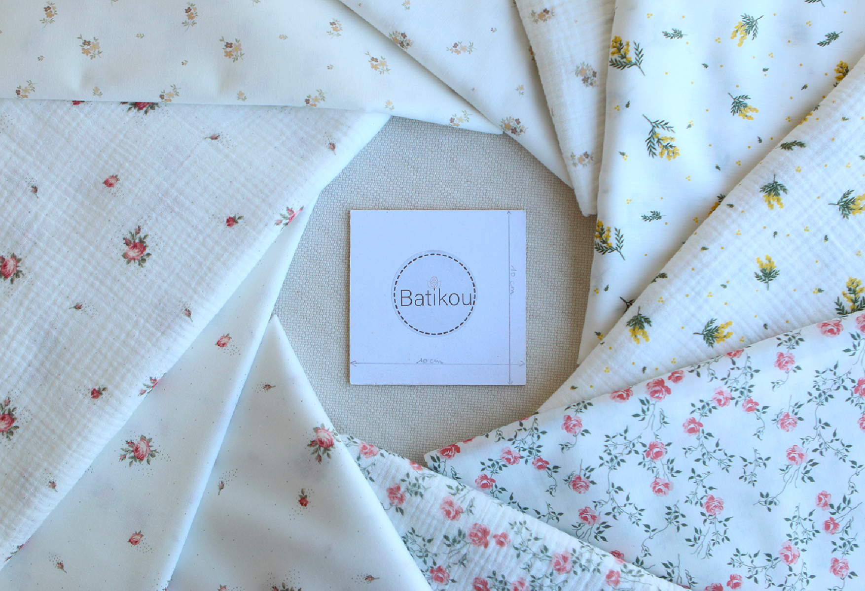 Mimosa - Double gaze coton BIO Exclusif blanc motif mimosa allégé