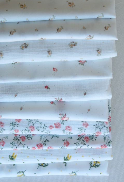 Mimosa - Double gaze coton BIO Exclusif blanc motif mimosa allégé
