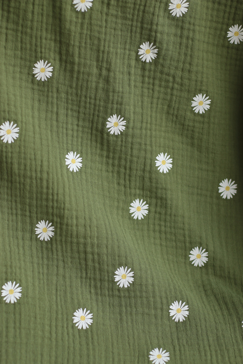 Daisy - Double gaze coton BIO motif exclusif fond vert olive