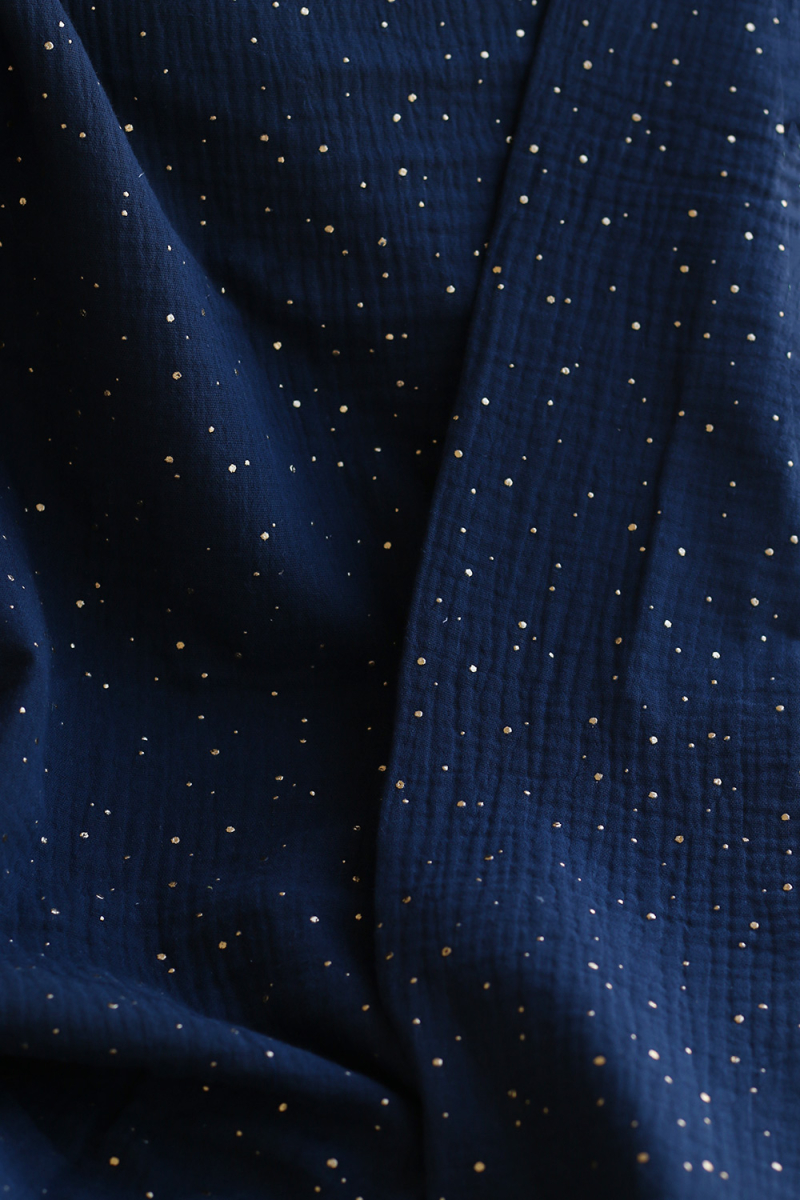 Double gaze de coton pois dorés fond bleu marine