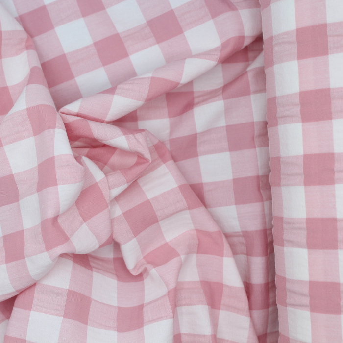 Seersucker / Coton gaufré vichy rose tendre
