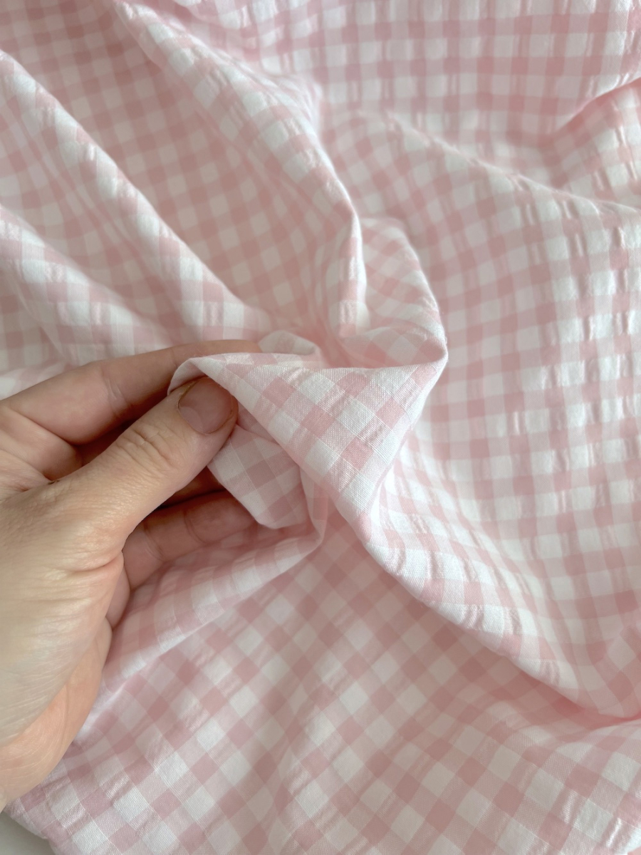 Seersucker / Coton gaufré vichy 6mm Rose dragée/ blanc