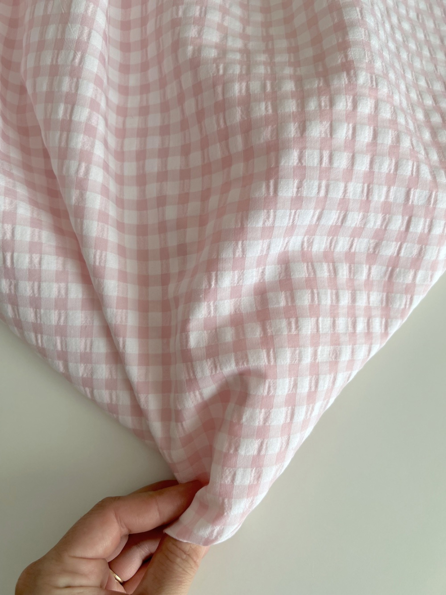 Seersucker / Coton gaufré vichy 6mm Rose dragée/ blanc