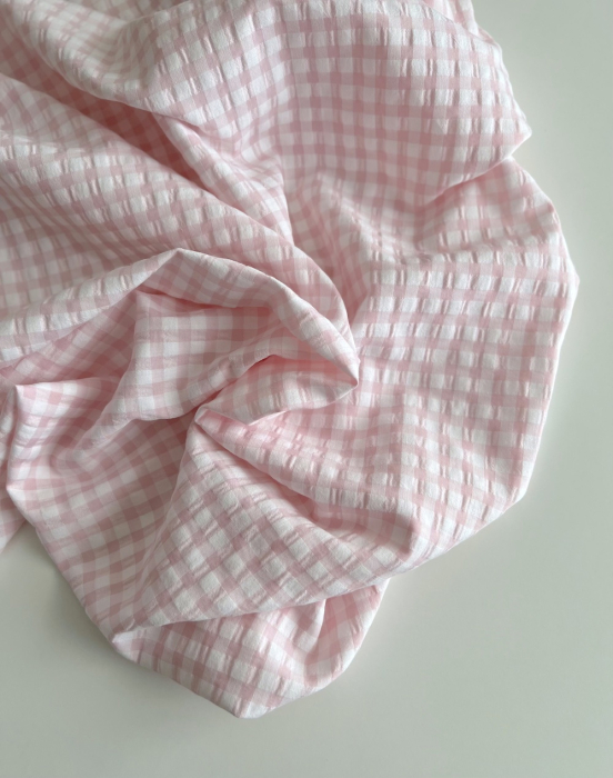 Seersucker / Coton gaufré vichy 6mm Rose dragée/ blanc