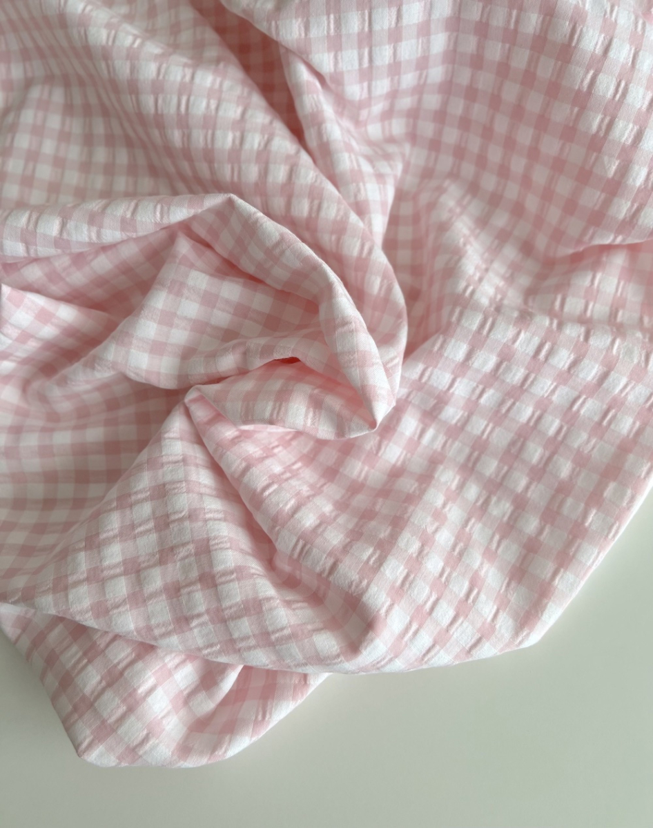 Seersucker / Coton gaufré vichy 6mm Rose dragée/ blanc