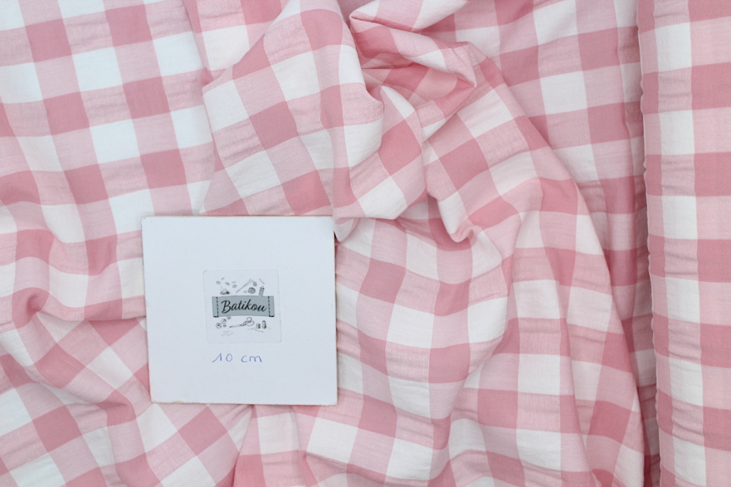 Seersucker / Coton gaufré vichy rose tendre