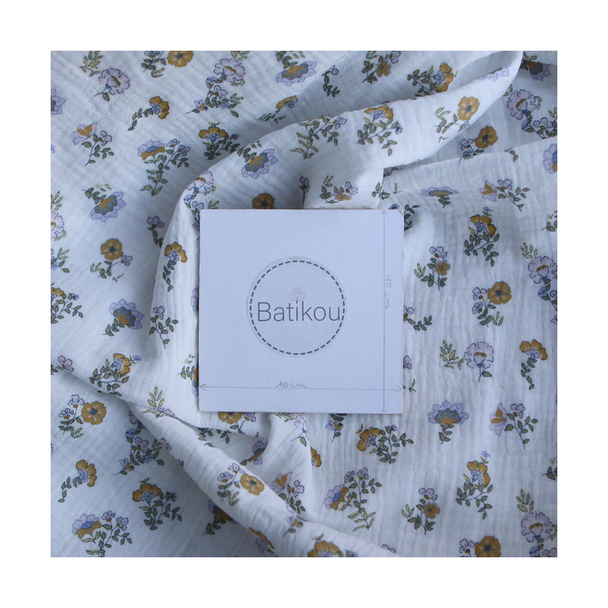 Azélie - Double gaze de coton motif fleuri parme moutarde et vert