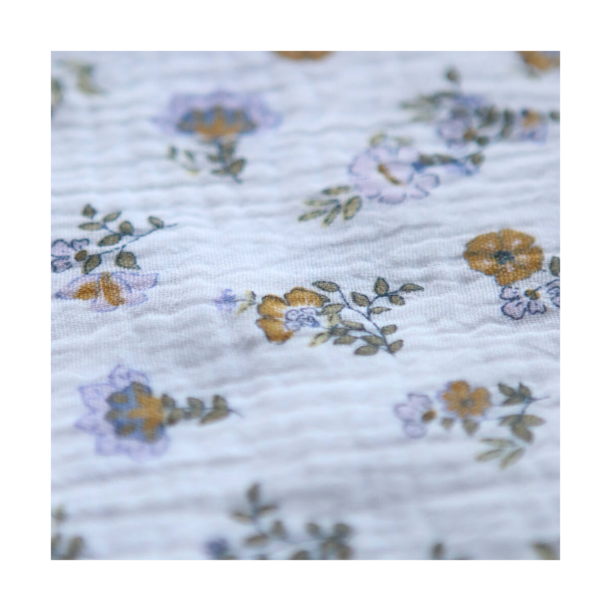 Azélie - Double gaze de coton motif fleuri parme moutarde et vert