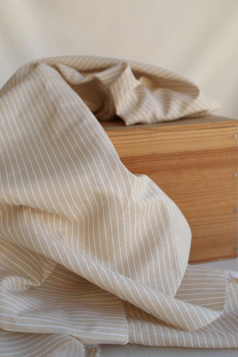 Baptiste - Tissu lin coton rayures 1mm blanc lait et beige