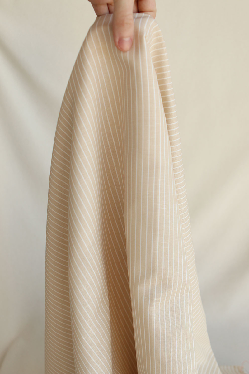 Baptiste - Tissu lin coton rayures 1mm blanc lait et beige