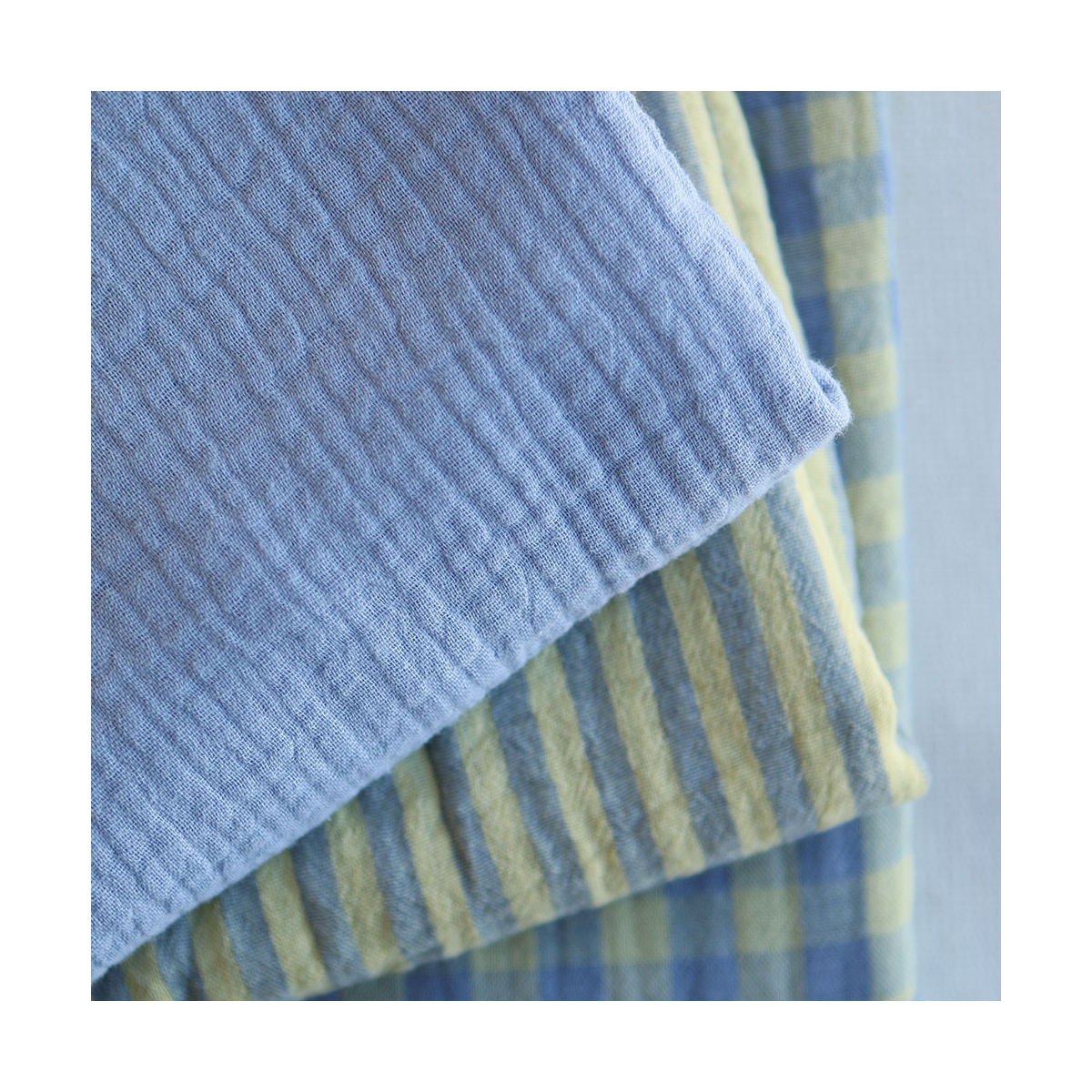 Double gaze de coton réversible rayures lemon et bleu baltique