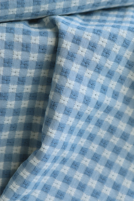 Dick - Seersucker / Coton gaufré texturé vichy 7mm écru et bleu jean tendre