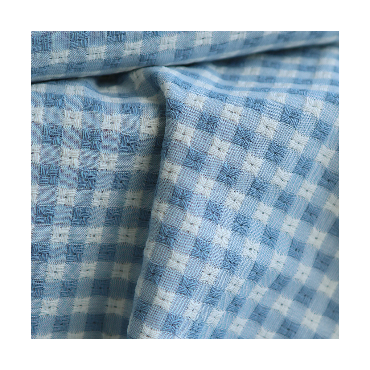 Dick - Seersucker / Coton gaufré texturé vichy 7mm écru et bleu jean tendre