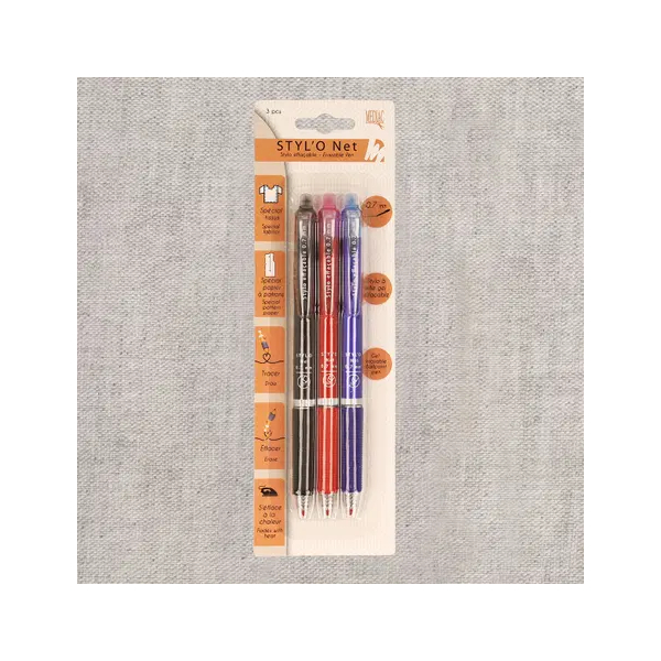 Lot de 3 stylos gel effaçables à la chaleur Mediac, bleu, noir, rouge
