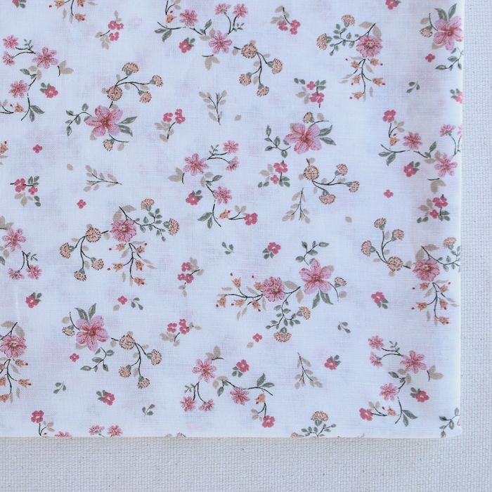 Carmel - Tissu lin coton fond ivoire motif fleuri rose et vert