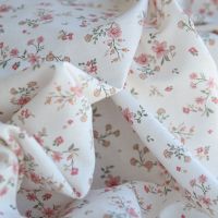 Carmel - Tissu lin coton fond ivoire motif fleuri rose et vert
