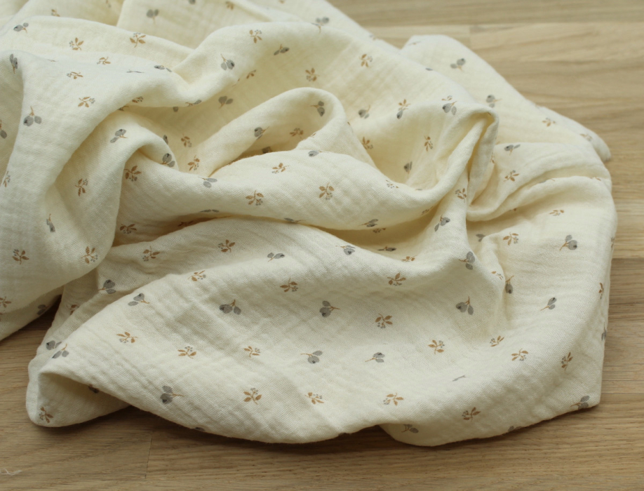 Léon - Double gaze de coton beige écru poudré à motifs