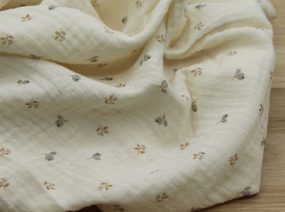 Léon - Double gaze de coton beige écru poudré à motifs