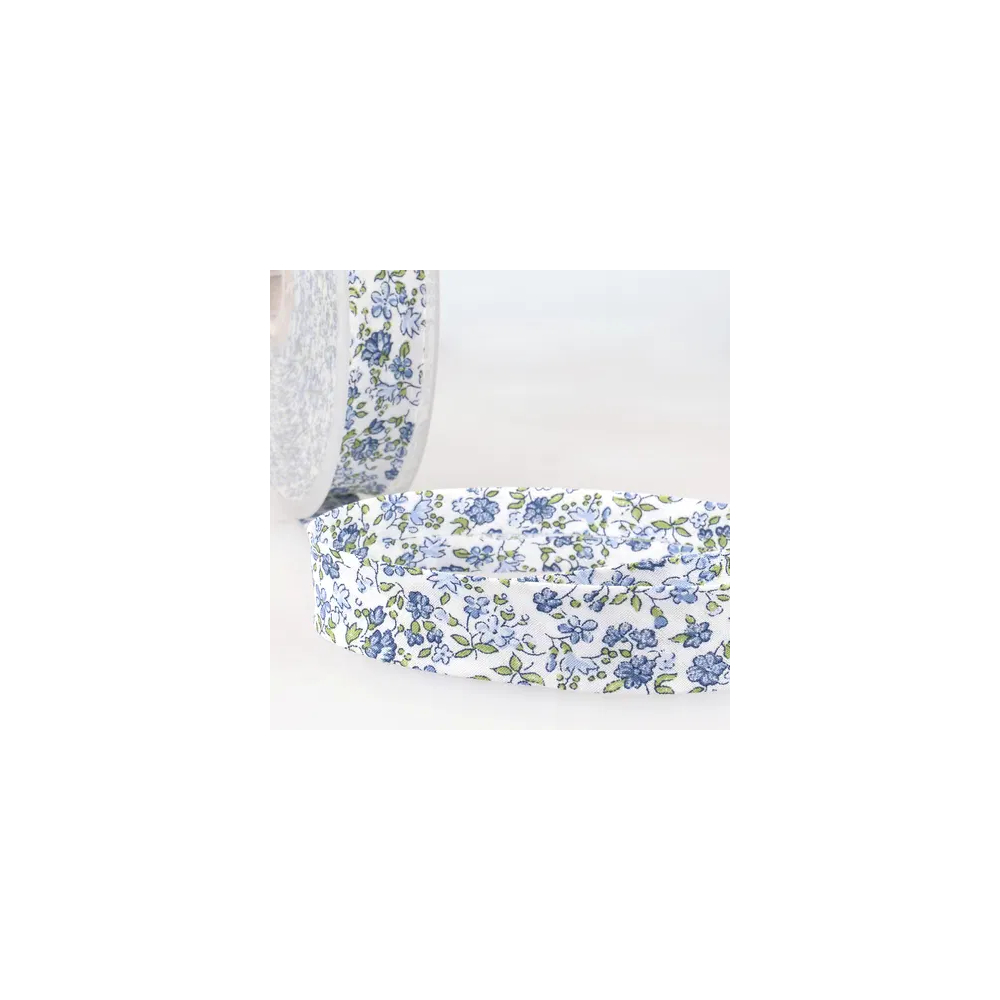 Biais replié fleuri 20 mm coloris bleu, petit semis floral façon liberty sur fond blanc