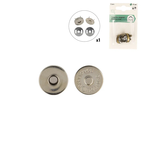  Fermoir magnétique 19 mm Mediac argenté à griffes avec rondelles de renfort, lot de 2