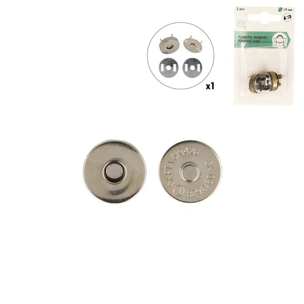  Fermoir magnétique 19 mm Mediac argenté à griffes avec rondelles de renfort, lot de 2