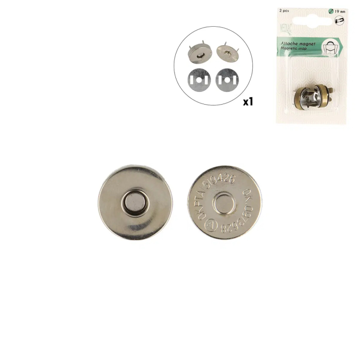  Fermoir magnétique 19 mm Mediac argenté à griffes avec rondelles de renfort, lot de 2