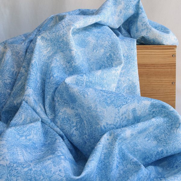 Popeline légère sergé de coton organique imprimé toile jouy bleu celeste 2