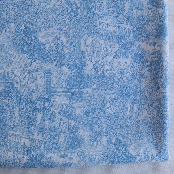 Popeline légère sergé de coton organique imprimé toile jouy bleu celeste
