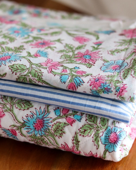 Sanjay - Tissu indien matelassé double face coton hand block largeur 100cm