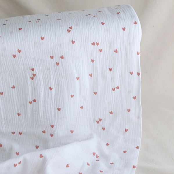 Corazon - Double gaze de coton petits coeurs rose fond blanc