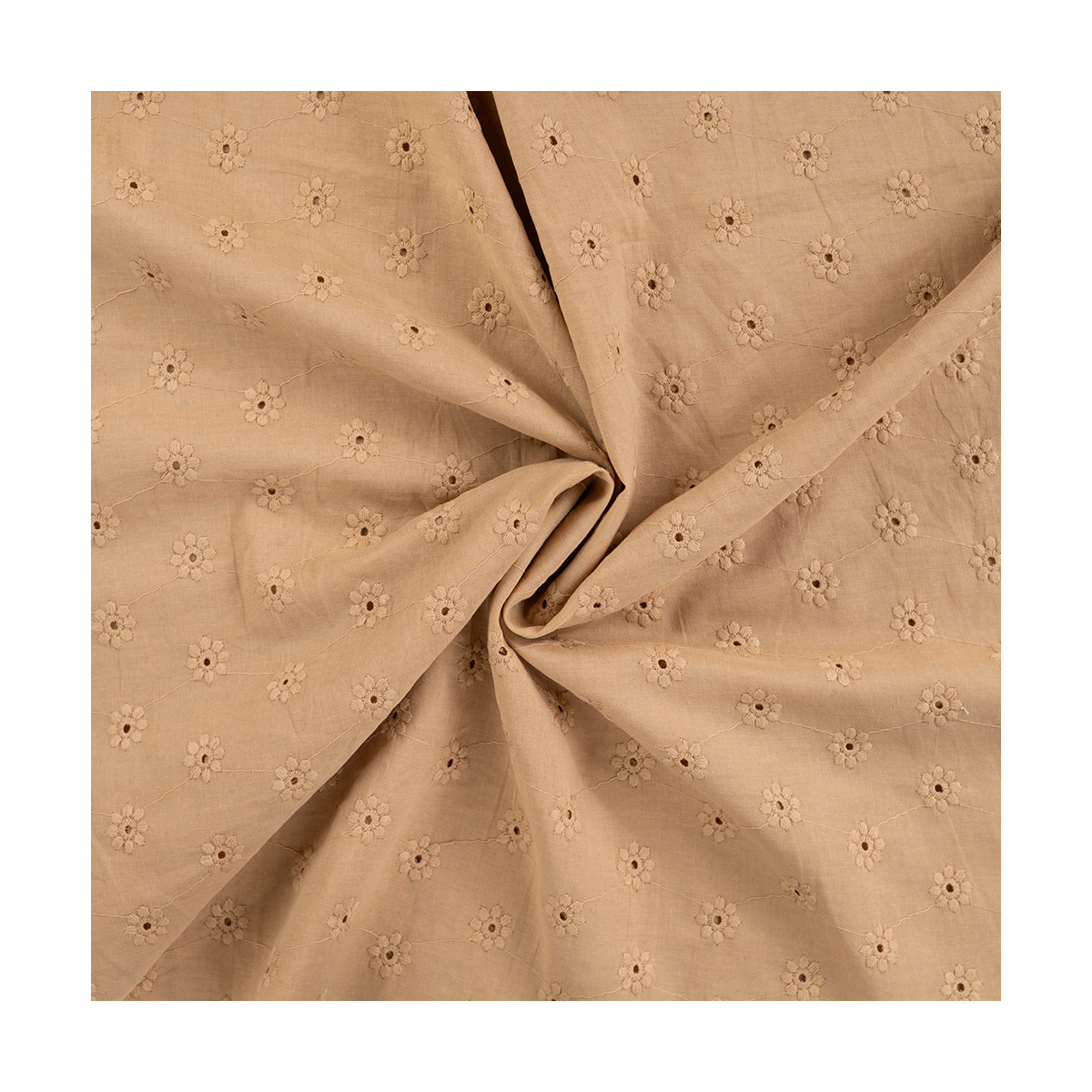 Voile de coton broderies fleuri ton sur ton camel clair