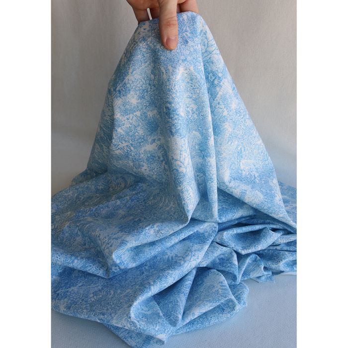 Popeline légère sergé de coton organique imprimé toile jouy bleu celeste