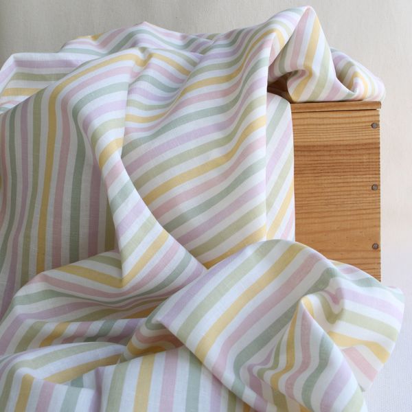 Lucas - Tissu lin coton rayures 6mm multicolores jaune, vert, rose