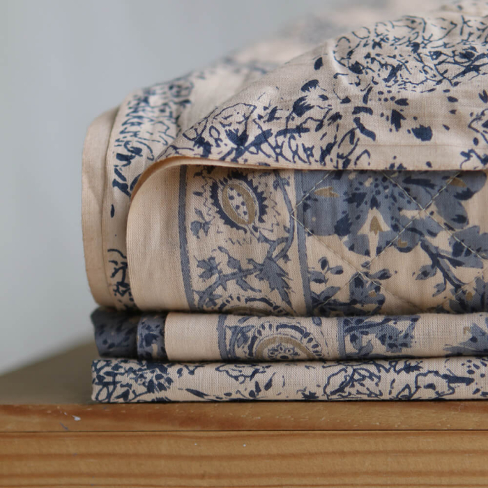 Anjali Bleu - Tissu indien en coton imprimé main Hand Block