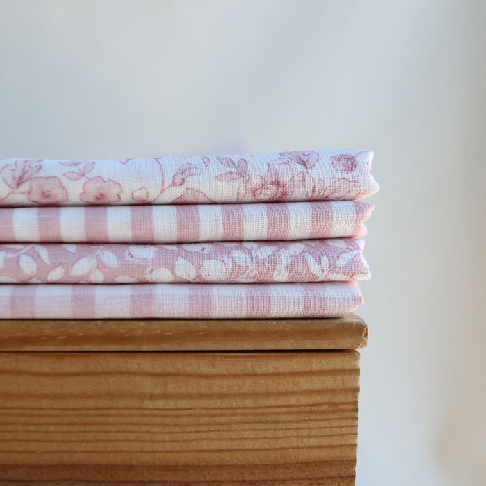 Victor - Tissu lin coton vichy 7mm blanc lait et vieux rose