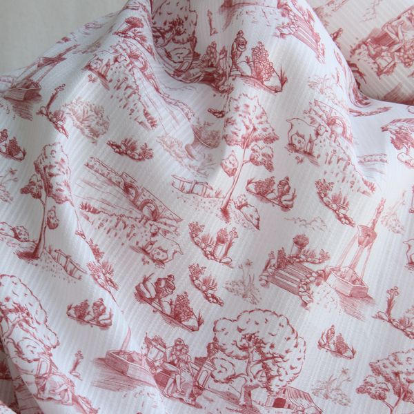 Eleonore - Tissu coton texturé imprimé toile de Jouy coloris lie de vin