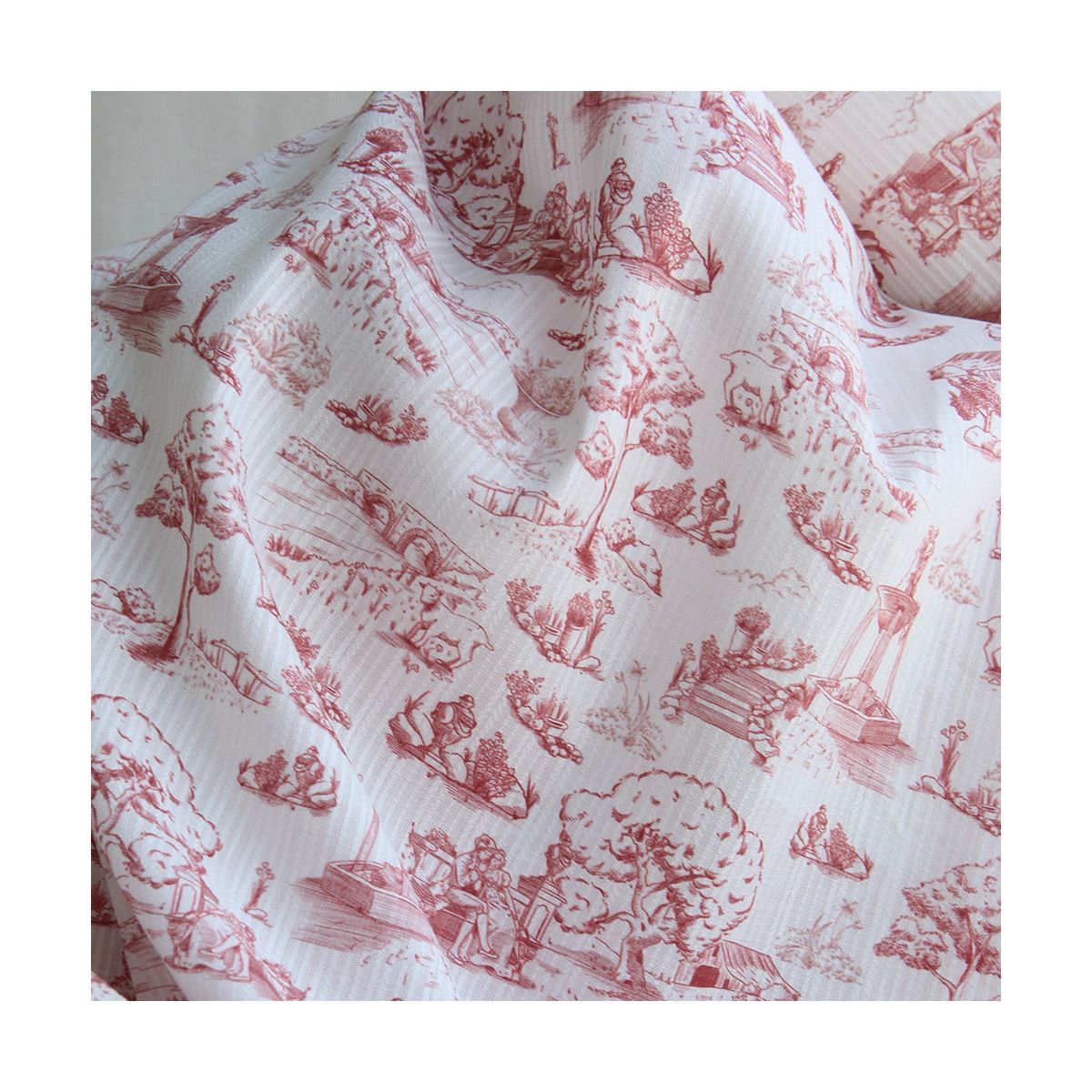 Eleonore - Tissu coton texturé imprimé toile de Jouy coloris lie de vin