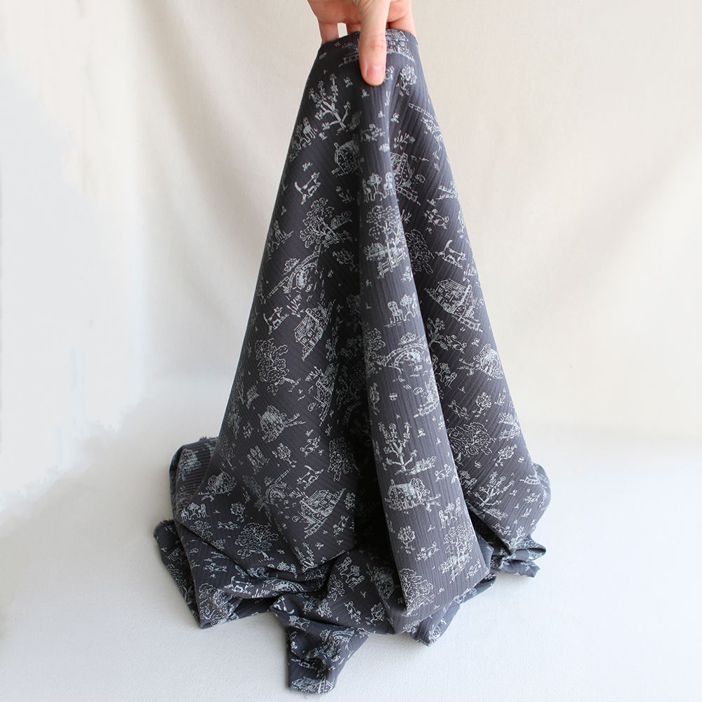 Edwina - Tissu coton piqué léger texturé toile de Jouy anthracite